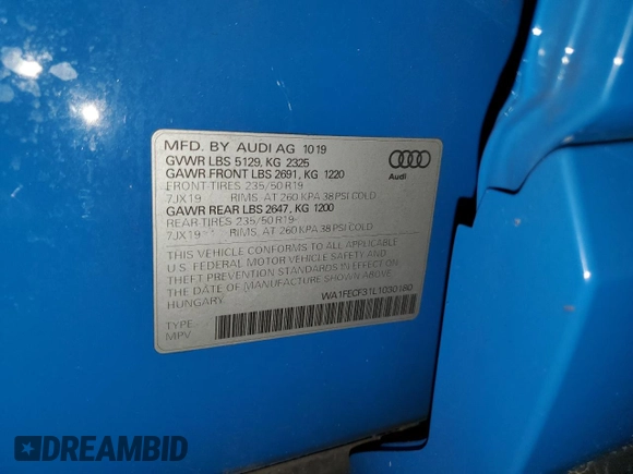 2020 Audi Q3 S line Prestige with VIN WA1FECF31L1030180, listed as a Copart auction lot 82638544 with 41,440 mi miles and Salvage Title. Bid and sale history available at carsss.com. Image 13.