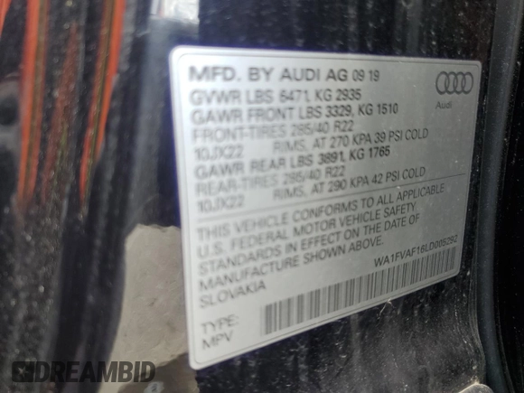 2020 Audi Q8 Prestige z VIN WA1FVAF16LD005292, wystawiony jako Copart lot #57674325 z przebiegiem 62 874 mil mil oraz Szkoda całkowita • Salvage title. Historia ofert i sprzedaży dostępna na DreamBid. Obrazek 13.
