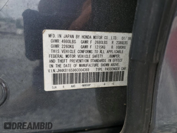 2006 Acura RL with VIN JH4KB16596C004369, listed as a Copart auction lot 54237425 with 191,708 mi miles and Salvage title. Bid and sale history available at DreamBid. Image 13.