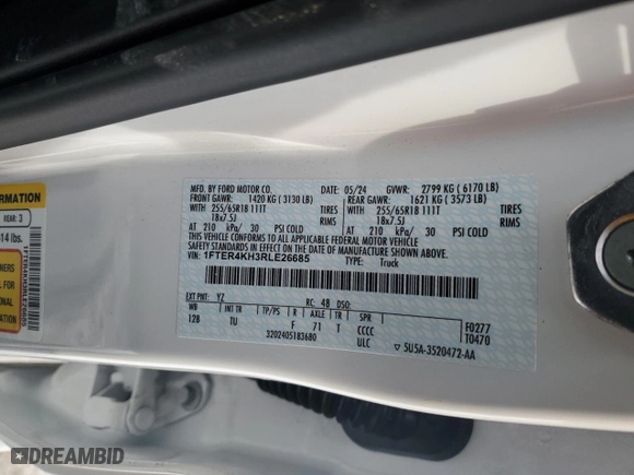 2024 Ford Ranger LARIAT with VIN 1FTER4KH3RLE26685, listed as a Copart auction lot 46030645 with 4,115 mi miles and Salvage Title. Bid and sale history available at carsss.com. Image 14.