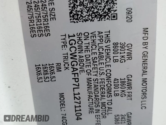 2020 Chevrolet Express Cargo with VIN 1GCWGAFP7L1271104, listed as a Copart auction lot 50661145 with Not provided miles and Salvage title. Bid and sale history available at DreamBid. Image 13.