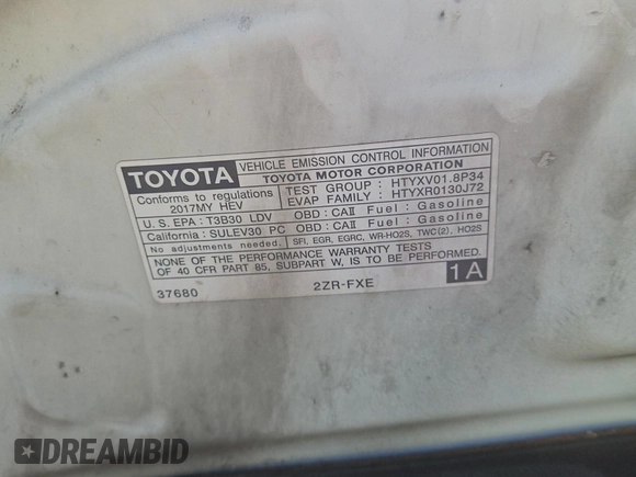 2017 Toyota Prius Two with VIN JTDKARFU6H3047726, listed as a IAAI auction lot 42619600 with 215,918 mi miles and . Bid and sale history available at DreamBid. Image 8.