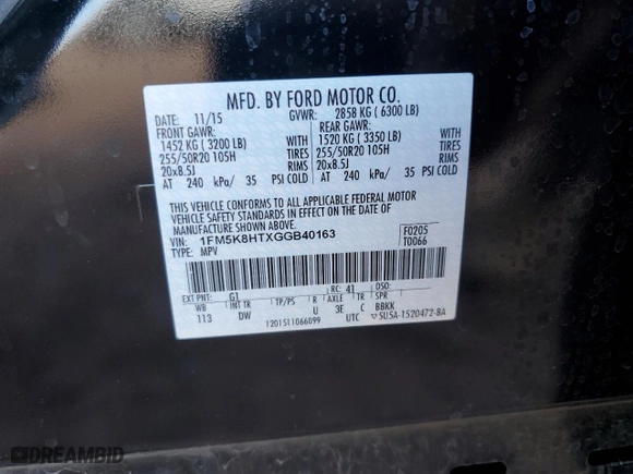 2016 Ford Explorer Platinum with VIN 1FM5K8HTXGGB40163, listed as a Copart auction lot 53169415 with 43,607 mi miles and Salvage Title. Bid and sale history available at carsss.com. Image 13.