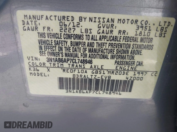 2012 Nissan Sentra SR with VIN 3N1AB6AP7CL748946, listed as a IAAI auction lot 42754308 with 91,406 mi miles and . Bid and sale history available at DreamBid. Image 9.