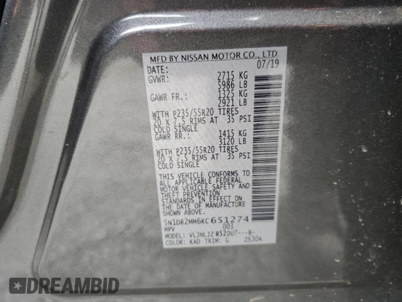 2019 Nissan Pathfinder Platinum with VIN 5N1DR2MM6KC651274, listed as a Copart auction lot 52737215 with 37,459 mi miles and Salvage title. Bid and sale history available at DreamBid. Image 14.