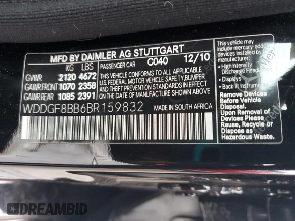 2011 Mercedes-Benz C 300 Sport with VIN WDDGF8BB6BR159832, listed as a Copart auction lot 85197364 with 117,975 mi miles and Salvage title. Bid and sale history available at DreamBid. Image 12.