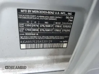 2005 Mercedes-Benz M-Class 3.7L with VIN 4JGAB57E25A535129, listed as a Copart auction lot 76950894 with 0 mi miles and Salvage Title. Bid and sale history available at carsss.com. Image 14.