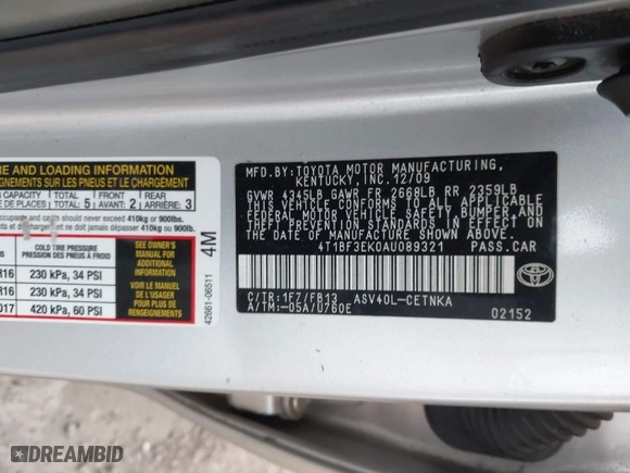 2010 Toyota Camry with VIN 4T1BF3EK0AU089321, listed as a IAAI auction lot 41524565 with 112,025 mi miles. Bid and sale history available at carsss.com. Image 9.