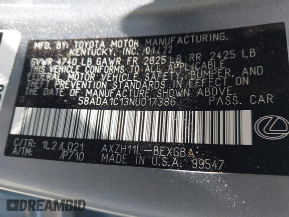 2022 Lexus ES 300h with VIN 58ADA1C13NU017386, listed as a IAAI auction lot 42381143 with 53,045 mi miles and . Bid and sale history available at DreamBid. Image 9.
