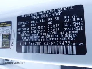 2014 Hyundai Santa Fe with VIN 5XYZUDLB4EG129473, listed as a IAAI auction lot 40978108 with 169,997 mi miles and . Bid and sale history available at DreamBid. Image 9.