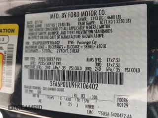 2015 Ford Fusion S Hybrid with VIN 3FA6P0UU9FR106402, listed as a IAAI auction lot 41983961 with 27,122 mi miles. Bid and sale history available at carsss.com. Image 9.