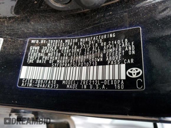 2020 Toyota Corolla L with VIN 5YFDPRAE5LP010710, listed as a Copart auction lot 41365915 with 107,601 mi miles and Salvage Title. Bid and sale history available at carsss.com. Image 14.
