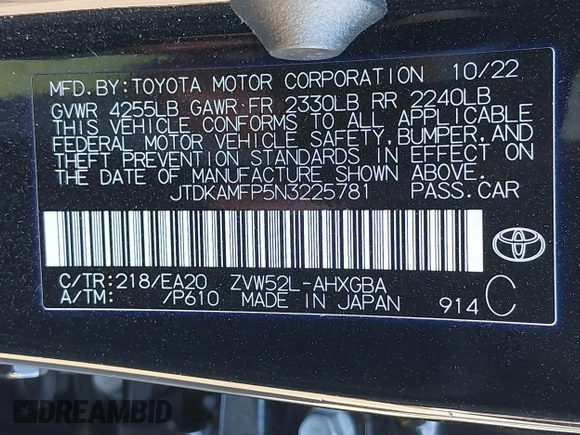 2022 Toyota Prius LE with VIN JTDKAMFP5N3225781, listed as a IAAI auction lot 40822065 with 42,307 mi miles and . Bid and sale history available at DreamBid. Image 9.