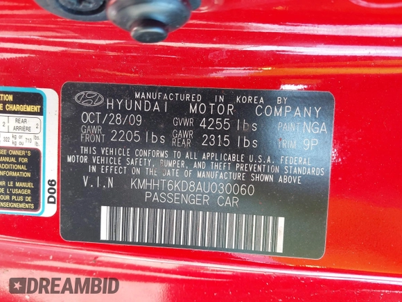 2010 Hyundai Genesis Coupe with VIN KMHHT6KD8AU030060, listed as a IAAI auction lot 42689065 with 150,746 mi miles and . Bid and sale history available at DreamBid. Image 9.