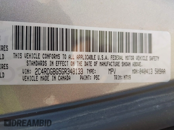 2016 Dodge Grand Caravan SE with VIN 2C4RDGBG5GR348133, listed as a IAAI auction lot 42162266 with 108,658 mi miles and . Bid and sale history available at DreamBid. Image 9.