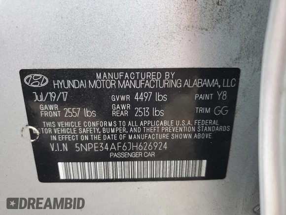 2018 Hyundai Sonata Sport Plus with VIN 5NPE34AF6JH626924, listed as a Copart auction lot 84609274 with 47,750 mi miles and Salvage Title. Bid and sale history available at carsss.com. Image 13.