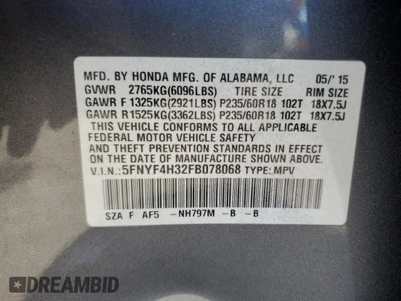 2015 Honda Pilot SE with VIN 5FNYF4H32FB078068, listed as a Copart auction lot 49504905 with 127,547 mi miles and Salvage title. Bid and sale history available at DreamBid. Image 15.
