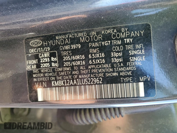 2020 Hyundai Kona SE with VIN KM8K12AA1LU522962, listed as a Copart auction lot 42563705 with 133,920 mi miles and Salvage Title. Bid and sale history available at carsss.com. Image 14.