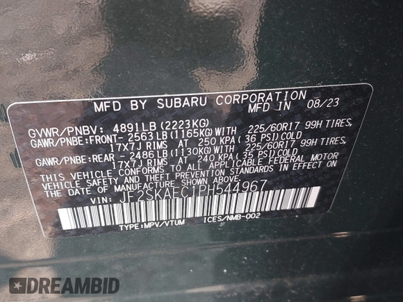 2023 Subaru Forester Premium with VIN JF2SKAEC1PH544967, listed as a IAAI auction lot 42474713 with 9,243 mi miles and . Bid and sale history available at DreamBid. Image 9.