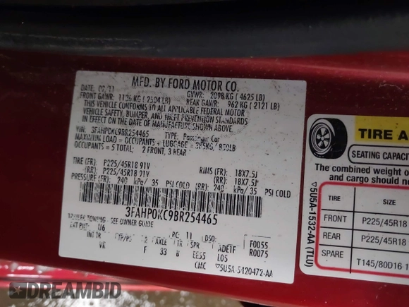 2011 Ford Fusion SPORT with VIN 3FAHP0KC9BR254465, listed as a IAAI auction lot 41837409 with 154,945 mi miles. Bid and sale history available at carsss.com. Image 9.