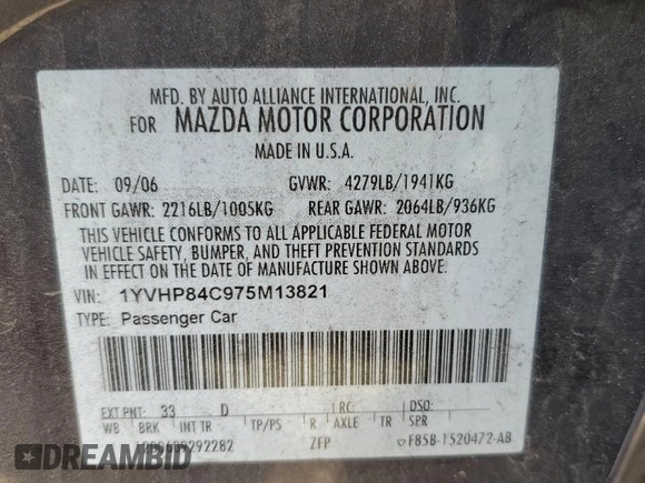 2007 Mazda 6 i Sport VE with VIN 1YVHP84C975M13821, listed as a Copart auction lot 80315224 with 187,379 mi miles and Salvage Title. Bid and sale history available at DreamBid. Image 14.