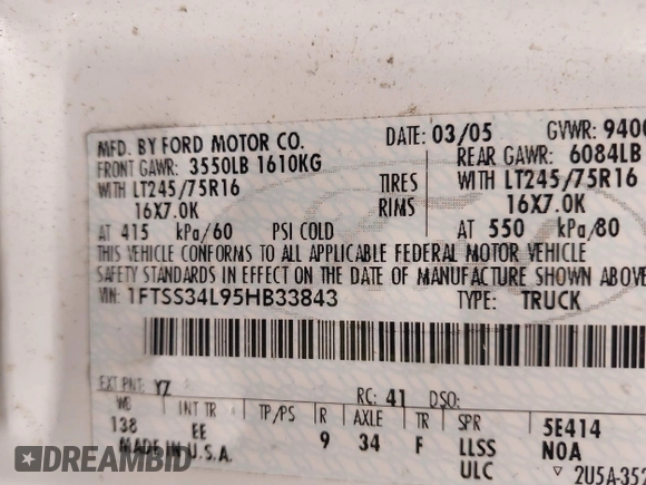 2005 Ford Econoline Cargo with VIN 1FTSS34L95HB33843, listed as a IAAI auction lot 42200399 with 355,458 mi miles and . Bid and sale history available at DreamBid. Image 9.