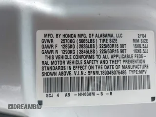2004 Honda Odyssey EX-L with VIN 5FNRL18934B076486, listed as a IAAI auction lot 42315160 with 209,467 mi miles and . Bid and sale history available at DreamBid. Image 9.