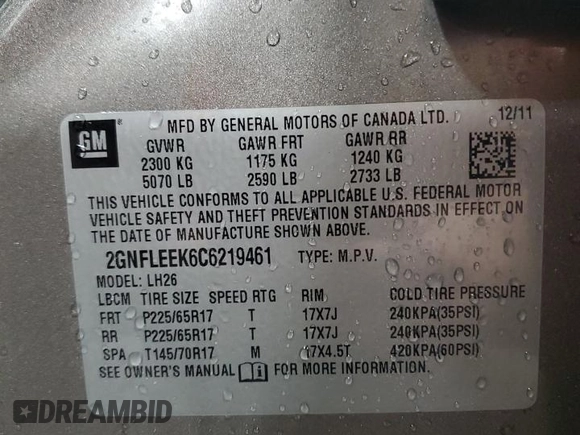 2012 Chevrolet Equinox LT w/1LT with VIN 2GNFLEEK6C6219461, listed as a Copart auction lot 50636985 with 126,365 mi miles and Salvage Title. Bid and sale history available at carsss.com. Image 14.