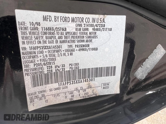 1999 Ford Taurus SE with VIN 1FAFP53SXXA145301, listed as a Copart auction lot 60351535 with 57,262 mi miles and Clean title. Bid and sale history available at DreamBid. Image 10.