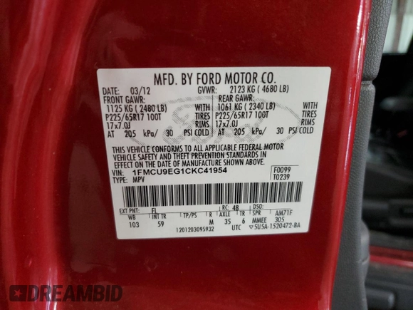 2012 Ford Escape Limited with VIN 1FMCU9EG1CKC41954, listed as a Copart auction lot 53721935 with 135,086 mi miles and Salvage Title. Bid and sale history available at carsss.com. Image 13.