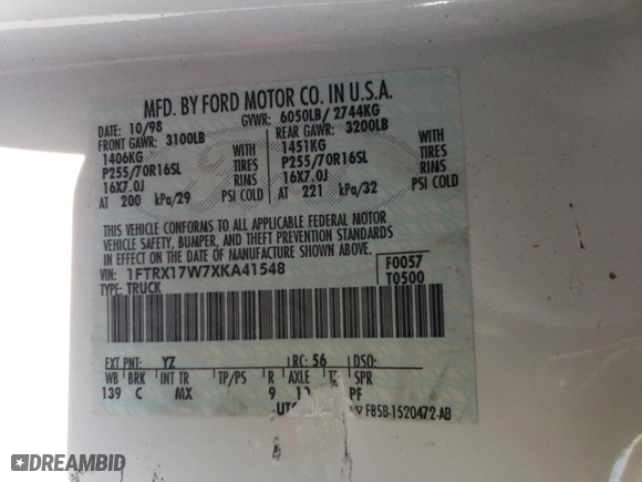 1999 Ford F-150 Work Series with VIN 1FTRX17W7XKA41548, listed as a Copart auction lot 88334145 with 0 mi miles and Salvage Title. Bid and sale history available at carsss.com. Image 12.