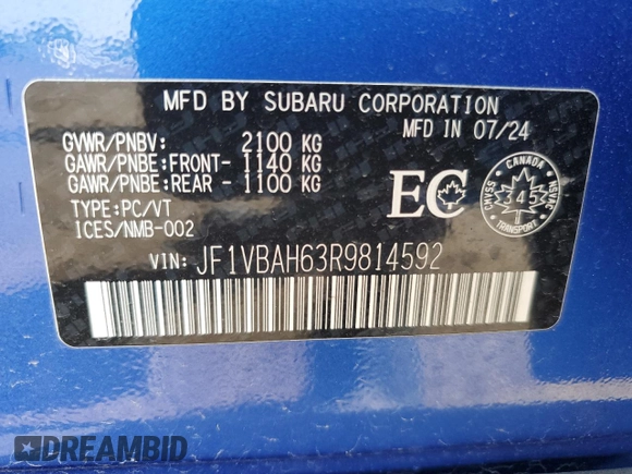 2024 Subaru WRX Premium with VIN JF1VBAH63R9814592, listed as a Copart auction lot 60297615 with 3,507 mi miles and Salvage title. Bid and sale history available at DreamBid. Image 12.