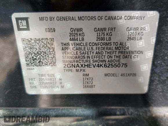 2019 Chevrolet Equinox LS with VIN 2GNAXHEV4K6255075, listed as a Copart auction lot 52241915 with 79,438 mi miles and Salvage Title. Bid and sale history available at DreamBid. Image 15.