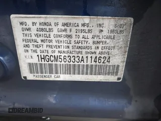 2003 Honda Accord LX z VIN 1HGCM56333A114624, wystawiony jako IAAI lot #41851887 z przebiegiem 158 373 mil mil oraz . Historia ofert i sprzedaży dostępna na DreamBid. Obrazek 9.