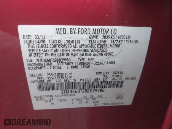 2011 Ford Flex Limited w/Ecoboost with VIN 2FMHK6DT2BBD29980, listed as a IAAI auction lot 41433515 with 232,986 mi miles. Bid and sale history available at carsss.com. Image 9.