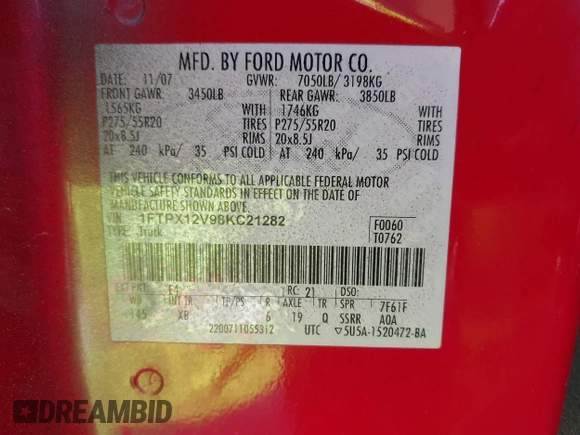 2008 Ford F-150 XL with VIN 1FTPX12V98KC21282, listed as a IAAI auction lot 42068477 with 93,588 mi miles and . Bid and sale history available at DreamBid. Image 9.