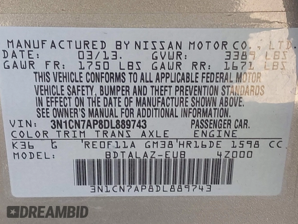 2013 Nissan Versa SV with VIN 3N1CN7AP8DL889743, listed as a IAAI auction lot 42489488 with 147,581 mi miles and . Bid and sale history available at DreamBid. Image 9.
