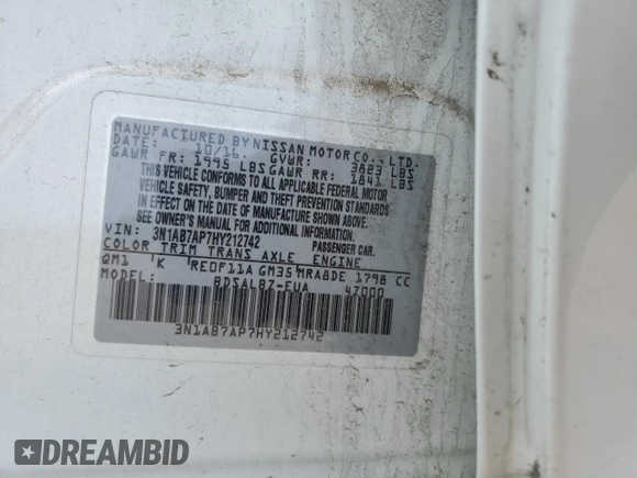 2017 Nissan Sentra S with VIN 3N1AB7AP7HY212742, listed as a Copart auction lot 54437495 with 63,438 mi miles and Salvage title. Bid and sale history available at DreamBid. Image 12.
