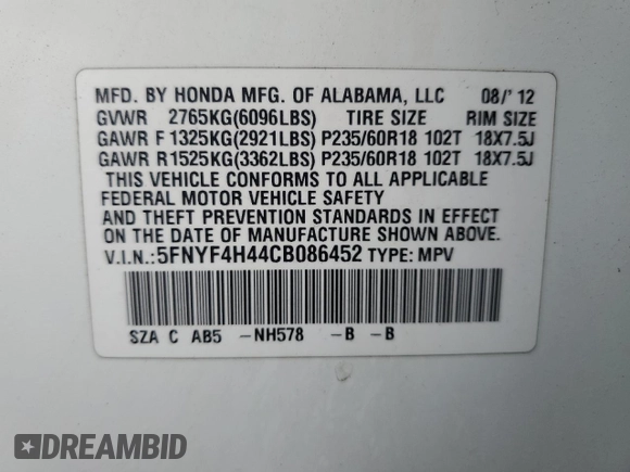 2012 Honda Pilot EX with VIN 5FNYF4H44CB086452, listed as a Copart auction lot 47997905 with 179,312 mi miles and Salvage Title. Bid and sale history available at DreamBid. Image 15.