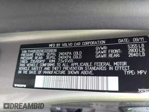 2012 Volvo XC60 3.2L with VIN YV4952DZ8C2259936, listed as a IAAI auction lot 42552168 with 115,344 mi miles and . Bid and sale history available at DreamBid. Image 9.