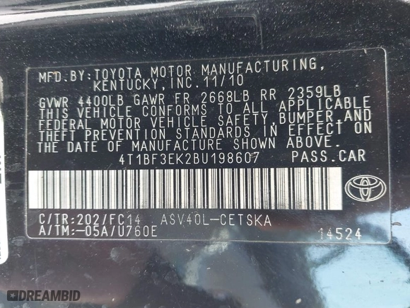 2011 Toyota Camry LE with VIN 4T1BF3EK2BU198607, listed as a IAAI auction lot 41883855 with 176,025 mi miles. Bid and sale history available at carsss.com. Image 9.