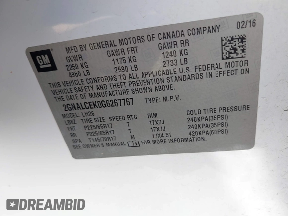 2016 Chevrolet Equinox LT with VIN 2GNALCEK0G6267767, listed as a IAAI auction lot 41739577 with 146,393 mi miles. Bid and sale history available at carsss.com. Image 9.
