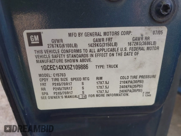 2006 Chevrolet Silverado 1500 Work Truck with VIN 1GCEC14XX6Z109886, listed as a IAAI auction lot 41798061 with 291,013 mi miles and . Bid and sale history available at DreamBid. Image 9.