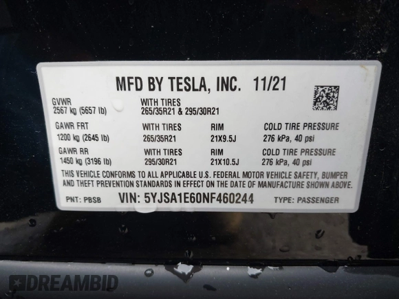 2022 Tesla Model S Plaid with VIN 5YJSA1E60NF460244, listed as a IAAI auction lot 41996403 with Not provided miles and . Bid and sale history available at DreamBid. Image 9.