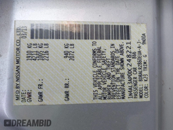 2013 Nissan Altima SL with VIN 1N4AL3AP0DC248221, listed as a IAAI auction lot 42207530 with 153,942 mi miles and . Bid and sale history available at DreamBid. Image 9.