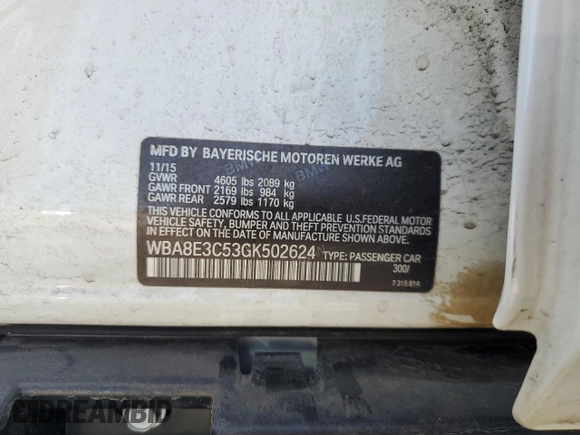 2016 BMW 3 Series 328i xDrive z VIN WBA8E3C53GK502624, wystawiony jako Copart lot #56710535 z przebiegiem 91 023 mil mil oraz Szkoda całkowita • Salvage title. Historia ofert i sprzedaży dostępna na DreamBid. Obrazek 13.