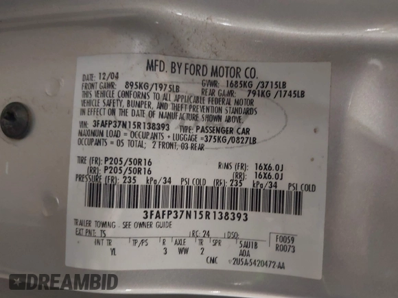 2005 Ford Focus S with VIN 3FAFP37N15R138393, listed as a IAAI auction lot 42106817 with 144,047 mi miles and . Bid and sale history available at carsss.com. Image 9.