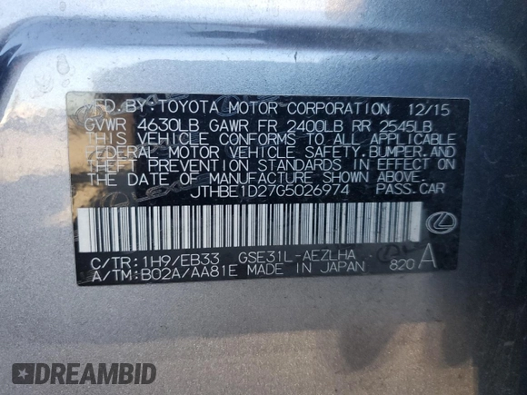 2016 Lexus IS 350 with VIN JTHBE1D27G5026974, listed as a Copart auction lot 50583985 with 105,843 mi miles and Salvage title. Bid and sale history available at DreamBid. Image 14.