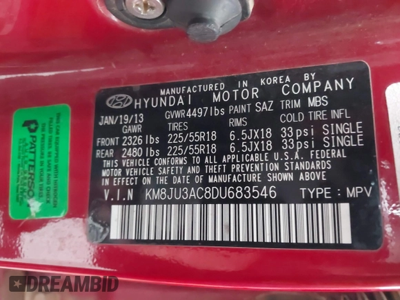 2013 Hyundai Tucson GLS with VIN KM8JU3AC8DU683546, listed as a IAAI auction lot 41956167 with 141,510 mi miles. Bid and sale history available at carsss.com. Image 9.