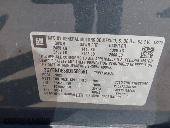 2013 Cadillac SRX Performance Collection with VIN 3GYFNDE38DS568561, listed as a IAAI auction lot 41701063 with 139,191 mi miles. Bid and sale history available at carsss.com. Image 9.